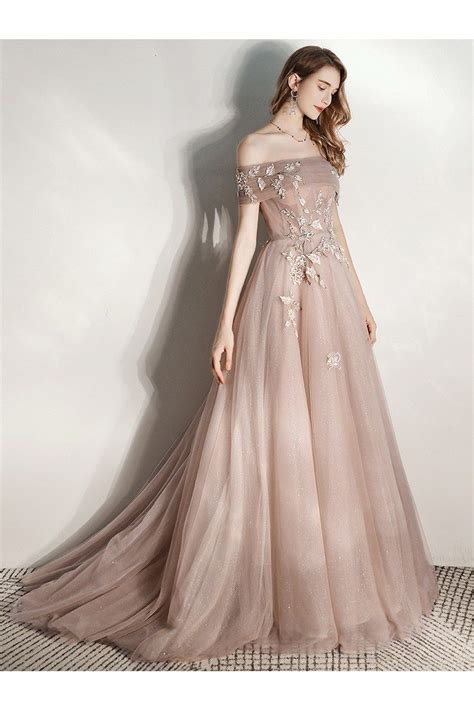 Beautiful Off Shoulder Champagne Long Tulle Formal Prom Dress With