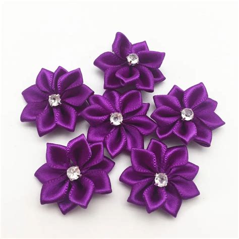 100pcs 25mm purple satin ribbon flowers rhinestone diamond centered craft flower for wedding