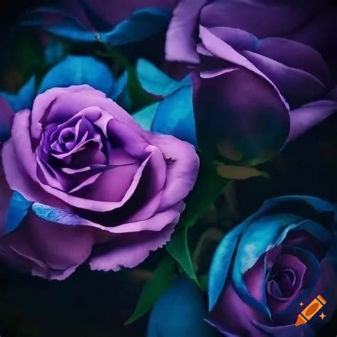 Detailed Blue And Purple Roses On Vintage Paper