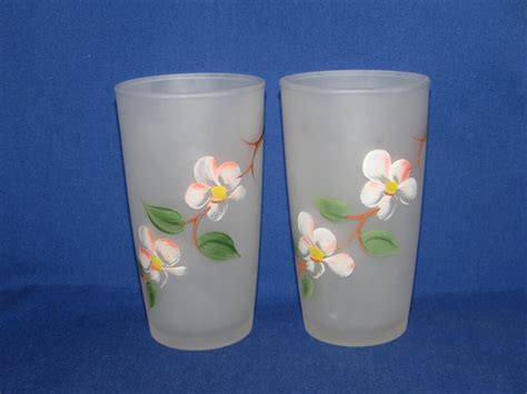 HAZEL ATLAS GLASSES Frosted Cherry Blossoms Set Of 2 Midcentury Etsy