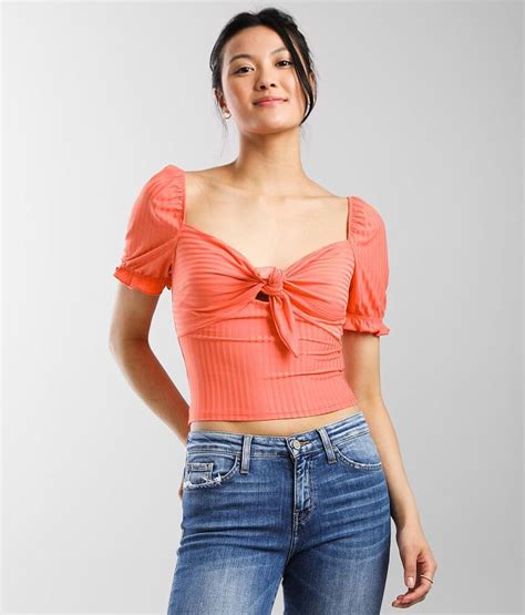 Hyfve Ribbed Front Tie Cropped Top Womens Shirtsblouses In Coral