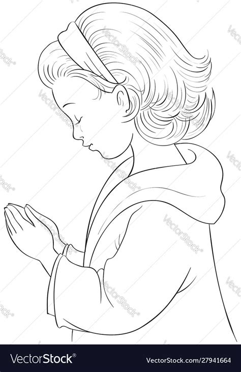 Cute Cartoon Little Girl Praying Coloring Page Vector Image
