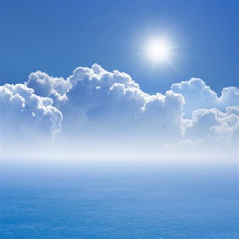 Peaceful Background Blue Sea And Sky White Clouds Bright Sun