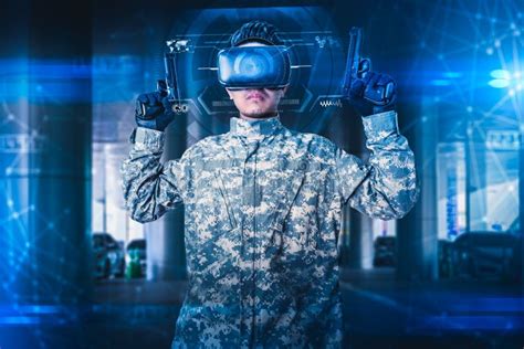 Soldier In Virtual Reality Glasses Military Concept Of The Future