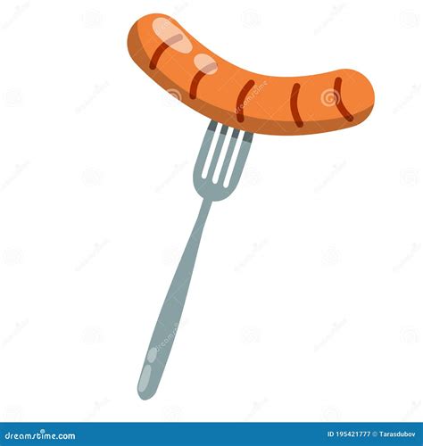 Sausage On Fork Cooking Frankfurter Cartoon Flat Illustration