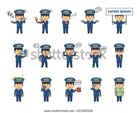 Set Postman Characters Showing Various Actions Stock Vector Royalty