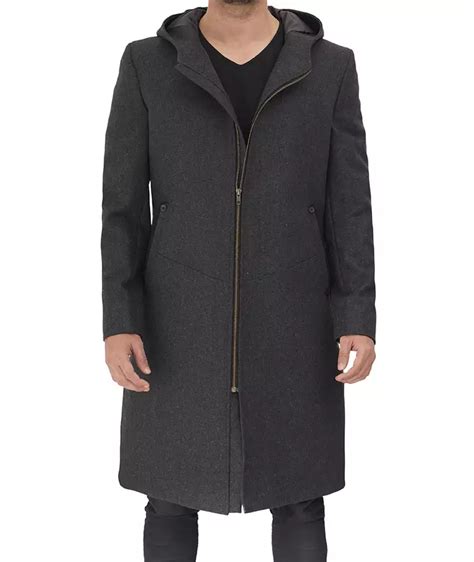 Mens Grey Wool Coat Long Overcoat With Hood
