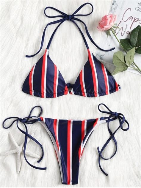 A String Bikini Set Featuring A Colorful Stripe Sailor Inspired Design
