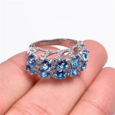 Swiss Blue Topaz And Zircon Gemstone 925 Sterling Silver Pave Jewelry