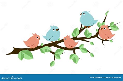 Five Blue And Pink Birds Sit On A Branch With Green Leaves Stock Vector