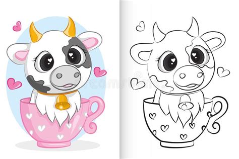 Cute Cow In Pink Cup Coloring Book For Preschool Children Stock Vector