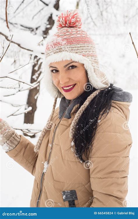 Beautiful Woman In Snow Posing Stock Photo Image Of Seasonal Frost