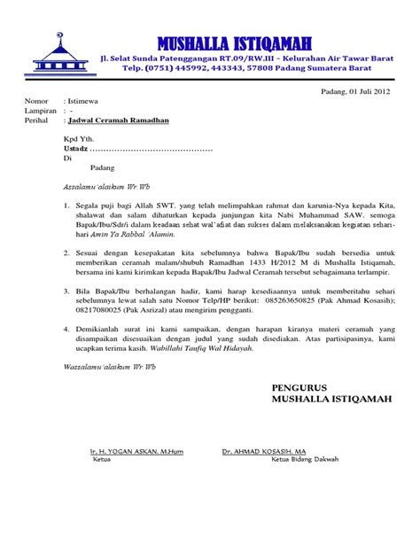 Surat Pengantar Jadwal Ramadhan Pdf