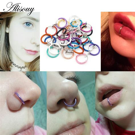 Alisouy 2 Pcs Medical Nostril Titanium Multi Color Nose Hoop Rings Clip