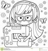 Sewing Seamstress Using Woman Coloring Machine Vector Illustration sketch template