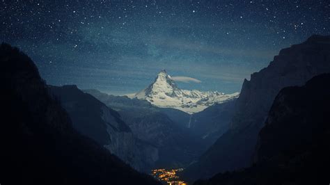Snowy Mountain Under The Stars Hd Desktop Wallpaper Widescreen High