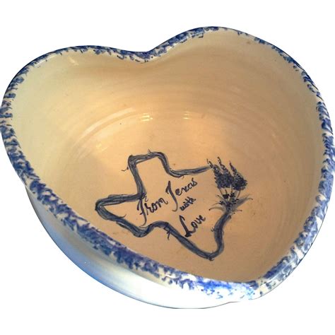 Casey Pottery Hand Turned Heart Shaped Bowl Blue Spongeware Cream From Texas With Love Heart