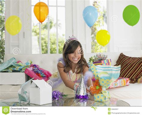 Girl Opening Birthday Presents Stock Image Image Of Childhood