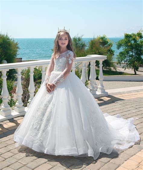 White Princess Flower Girl Dress Long Sleeve With Train Pageant Party Ball Gowns Ebay