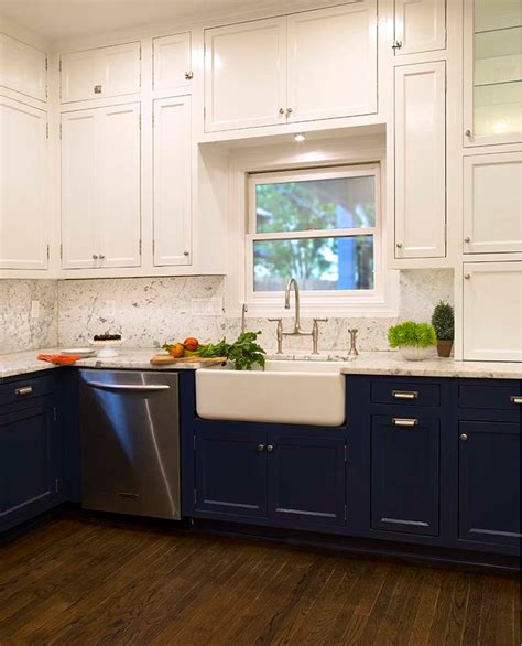 Deep teal works best with pale finishes — think white, ivory and light gray. White Upper and Dark Blue Lower Cabinets in a Fantastic Kitchen - Transitional - Kitchen - Other ...