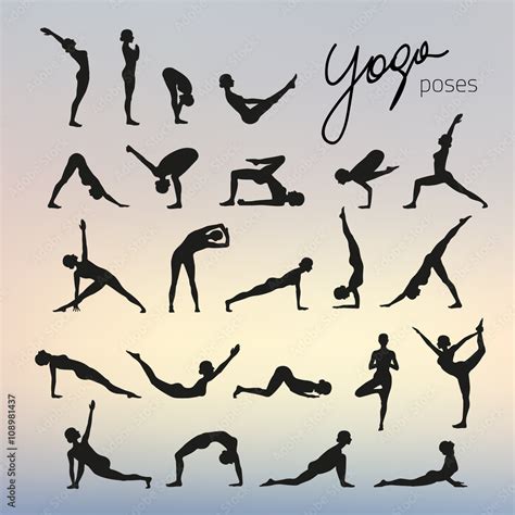 Set Of Yoga Poses Silhouettes On Blurred Background Stock Vector