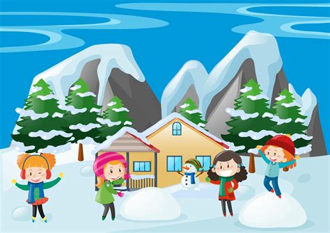 Cartoon Kids Playing With Snow Vector Image On Vector