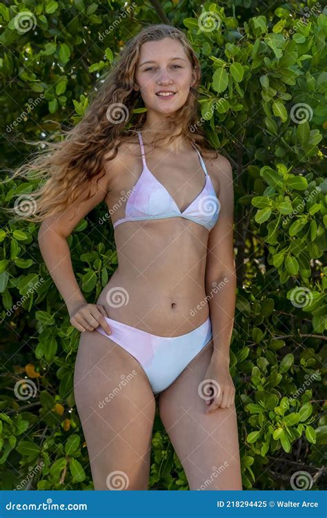 Lovely Blonde Bikini Model Posing Outdoors On A Caribbean Beach Stock Image Image Of Modern