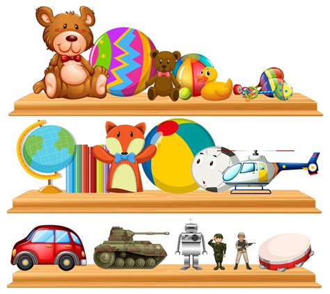 Many Cute Toys On Wooden Shelves 297778 Vector Art At Vecteezy
