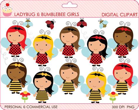 Digital Clipart Lady Bug Bumble Bee Clip Art Ladybug Bumblebee Girls
