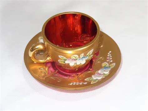 Antique Bohemian Cranberry Art Glass Heavy Gold Enameled Miniature Cup And Saucer 64 99 Picclick