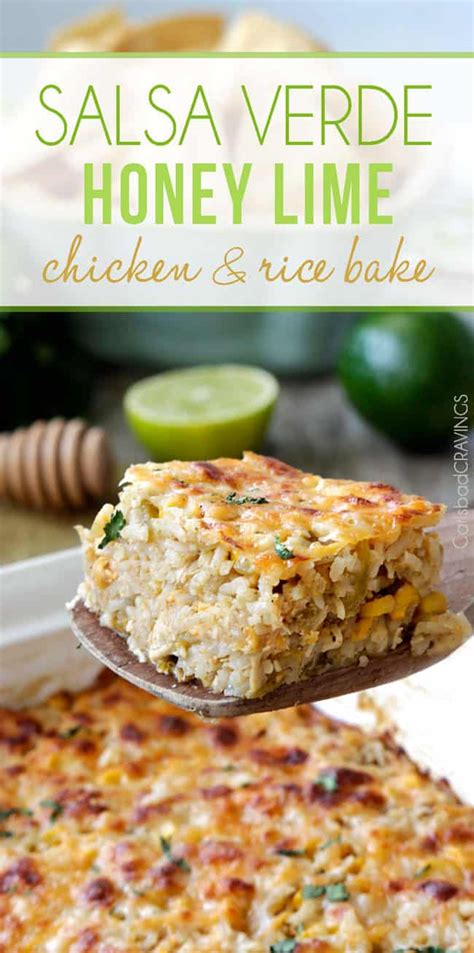 Stir the shredded chicken, corn, mayonnaise and half of the cheese into the sauce that has not been set aside. Salsa Verde Honey Lime Chicken and Rice Bake - Carlsbad ...