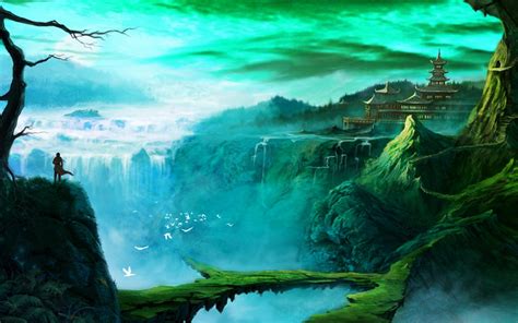 Fantasy Art Temple Waterfall Wallpapers Hd Desktop And