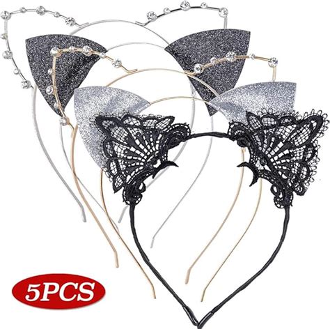 5 pieces cat ear headband lace cat ears hairband for women girls party and daily decoration