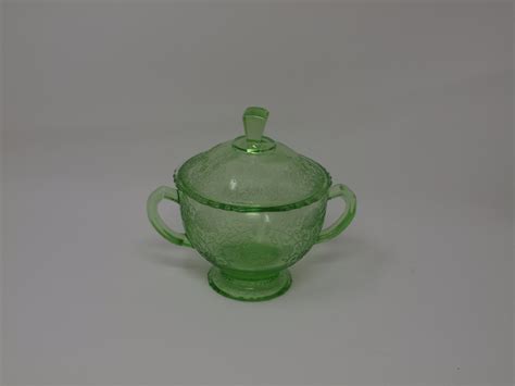 Hazel Atlas Glass Vintage Florentine No 1 Green Poppy Sugar Bowl W Lid