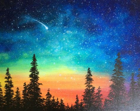 Rainbow Night Sky Over Forest Acrylic Painting 16x20 Etsy