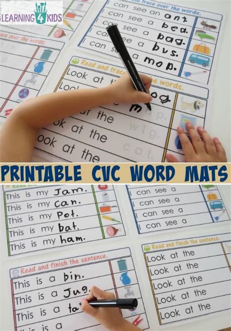 Highlight the cvc words with short vowel i. Printable-CVC-word-mats-finish-the-sentence.-1-set-has-trace-over-the-word-the-other-set-the ...