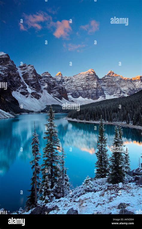 Snow At Moraine Lake In Banff National Park Rockies Canada Stock