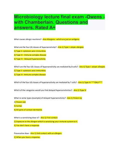 Microbiology Lecture Final Exam Owens With Chamberlain Questions And