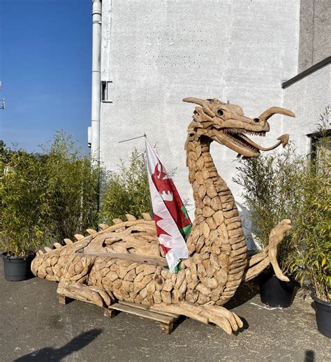 Giant Handcrafted Teak Wood Welsh Dragon Statue Bench