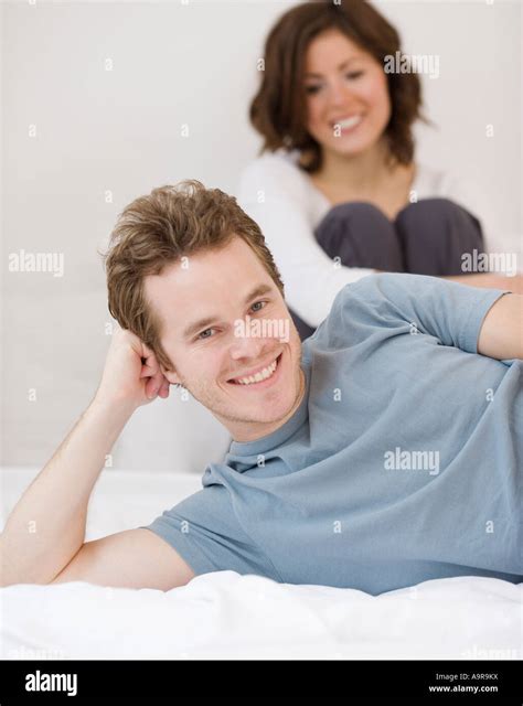 Couple Bed Sitting Man Woman Together High Resolution Stock Photography