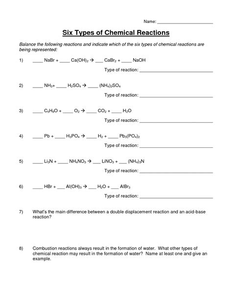 Classifying and balancing chemical reactions worksheets. 16 Best Images of Types Chemical Reactions Worksheets Answers - Types of Chemical Reactions ...