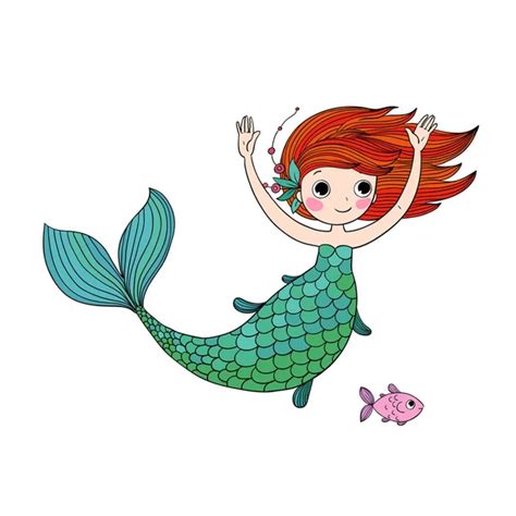 Cute Cartoon Mermaid And Fish Siren Sea Theme Isolated Objects On