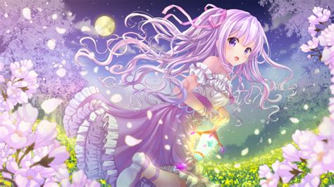 Wallpaper Anime Girl Purple Hair Moon Petals Blossom Dress