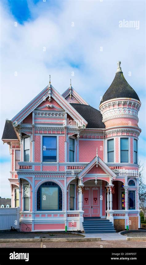 Pink Lady Victorian Mansion Exterior View In Old Town Eureka