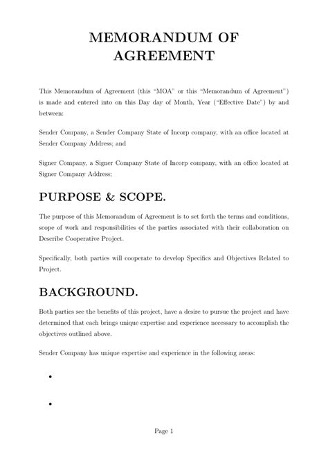 Memorandum Of Agreement Template Template Agreements