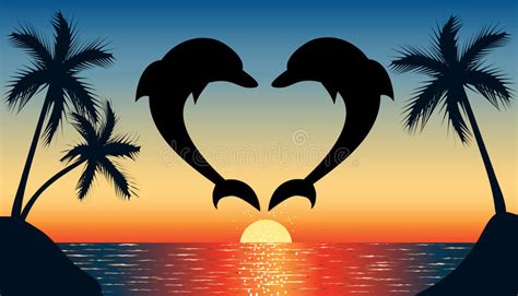 Jumping Up Dolphin Shaped Heart With Sunset Stock Vector