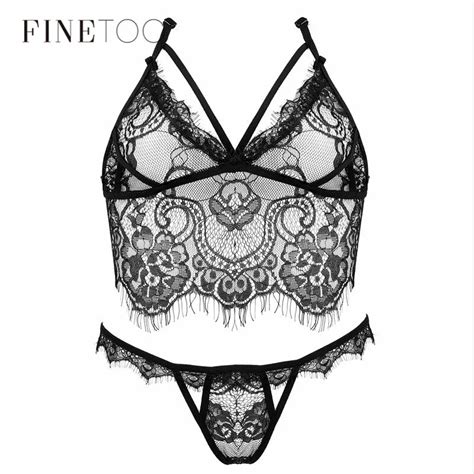 Finetoo Deep V Sexy Bra Sets Lingerie Lace Bras G String Sheer Unpadded Mesh Bralette Sets