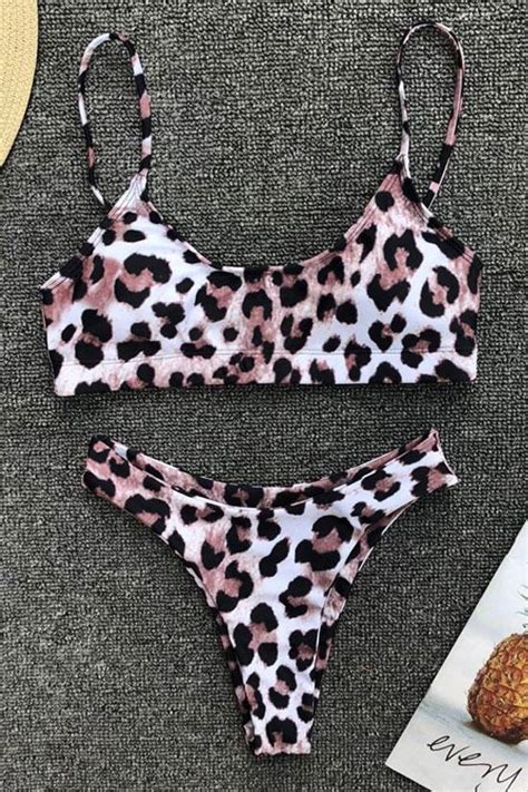 Cool High Leg Thong Leopard Bralette Bikini Swimsuit Two Piece Set