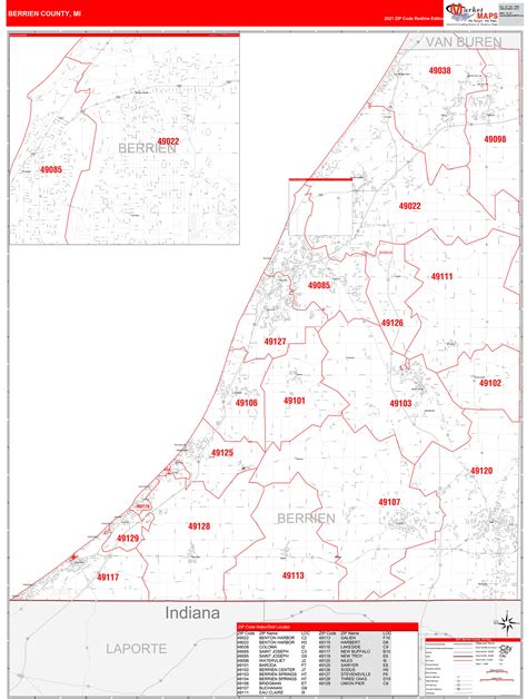 Berrien County Mi Zip Code Wall Map Red Line Style By Marketmaps