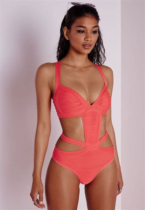 strappy bandage swimsuit orange swimwear and beachwear swimsuits missguided moda